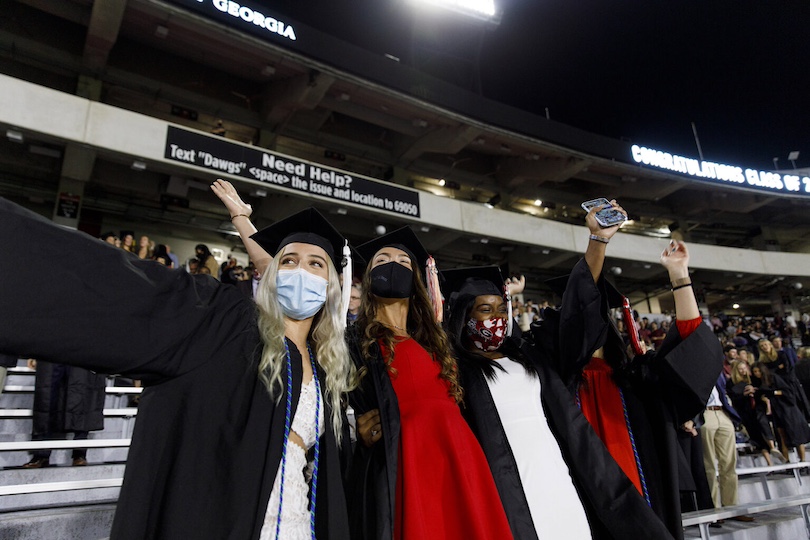 (L-R) Graduates Michaela White, Victoria Deeson, Marnagee Scott, and Sophia Sbiti cerebrate together after degrees were conferred during the Spring Undergraduate Commencement Ceremony that was held in the Fall of 2020 due to the COVID-19 Pandemic.