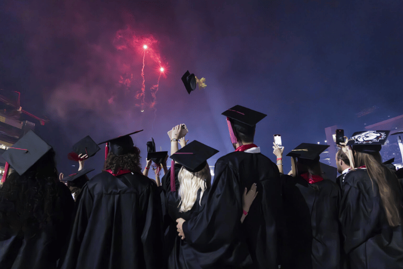 Graduates watch fireworks following their Commencement ceremony in Sanford Stadium on May 10.(Dorothy Kozlowski/UGA)