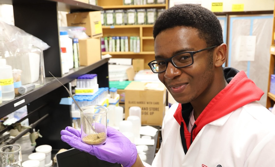 In a photo taken just before UGA's spring break, Joshua Thedford weighs soil for research he is conducting. A third-year CURO Honors Scholar, he is studying iron oxidation in soils and how it impacts carbon cycling, working with faculty mentor Aaron Thompson, an associate professor of environmental soil chemistry in the College of Agricultural and Environmental Sciences. (Photo by Stephanie Schupska)In a photo taken just before UGA's spring break, Joshua Thedford weighs soil for research he is conducting. A third-year CURO Honors Scholar, he is studying iron oxidation in soils and how it impacts carbon cycling, working with faculty mentor Aaron Thompson, an associate professor of environmental soil chemistry in the College of Agricultural and Environmental Sciences. (Photo by Stephanie Schupska)