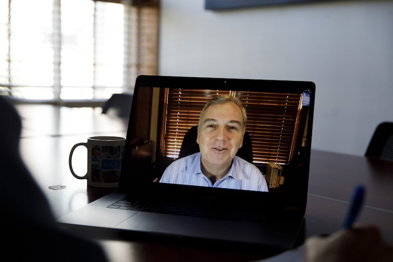 A photo showing how startup mentor Kevin Goodman interacts virtually over Zoom with UGA faculty to help them develop their entrepreneurial skills.