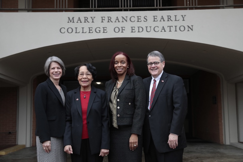 Dean Denise Spangler, Mary Frances Early, Vice Provost for Diversity and Inclusion Michelle Cook and President Jere W. Morehead in front of Aderhold Hall. (Photo by Peter Frey/UGA)