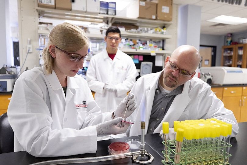 Professor and students working in a lab