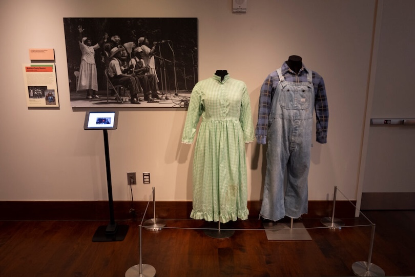 Clothes and photos from the McIntosh County Shouters in the Georgia Music Hall of Fame exhibit. (Photo by Peter Frey/UGA)