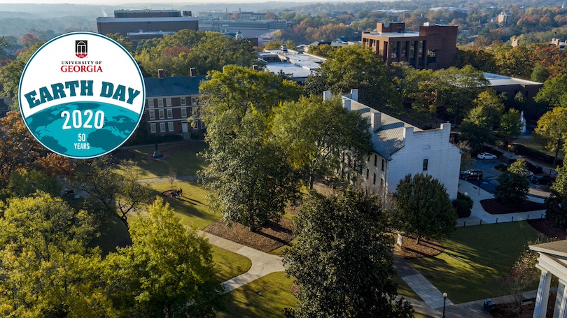 North Campus Quadrangle aerial photo with Earth Day graphic