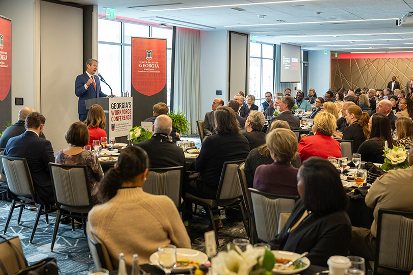 Gov. Brian Kemp speaks during the closing luncheon for the Institute of Government Workforce Development Conference on Wednesday at the Georgia Center for Continuing Education & Hotel. (Peter Frey/UGA)