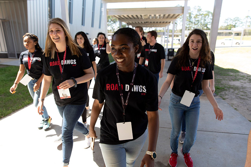 Jayda Hill (center) and fellow students participate in the Road Dawg student recruiting program at Dougherty Comprehensive High School. (Andrew Davis Tucker/UGA)