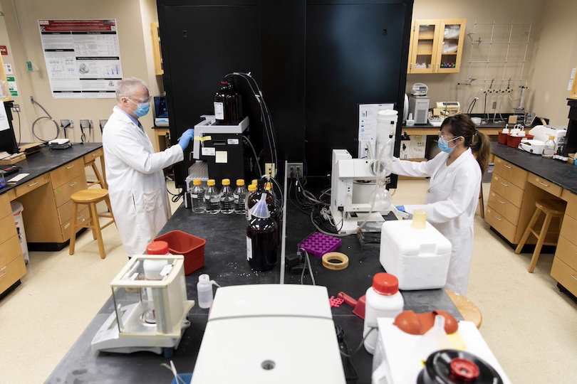 Faculty member Rob Woods and research scientist Mia Ji work in Woods’ lab at the Complex Carbohydrate Research Center. (Photo by Andrew Davis Tucker/UGA)