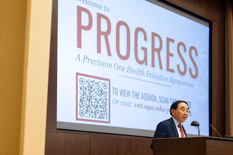 S. Jack Hu, senior vice president for academic affairs and provost, speaks during the Precision One Health Initiative Symposium at the University of Georgia Center for Continuing Education & Hotel. (Chamberlain Smith/UGA)