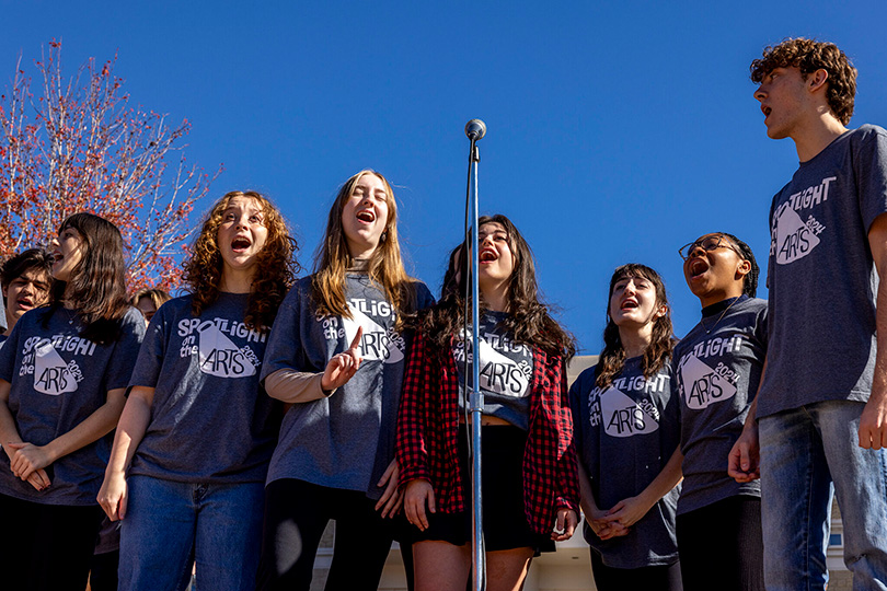 UGA Theatre cast members perform selections from the musical production “9 to 5” at Tate Plaza during the Spotlight on the Arts Student Spotlight. (Dorothy Kozlowski/UGA)